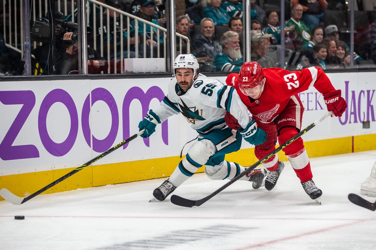 San Jose Sharks Defenceman Nick Cicek (59) keeps back Detroit Red Wings Right Wing Lucas Raymond (23) during the first period of a regular season NHL hockey game between the Detroit Red Wings and the San Jose Sharks on November 17, 2022, at SAP Center, in San Jose, CA.