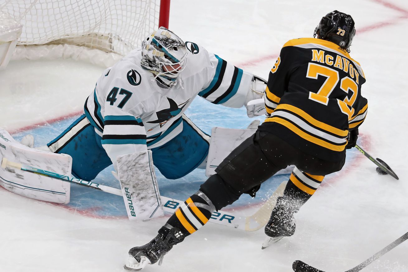 Boston Bruins D Charlie McAvoy beats San Jose Sharks goalie James Reimer for a goal in the second period. The Bruins beat the Sharks, 4-0.
