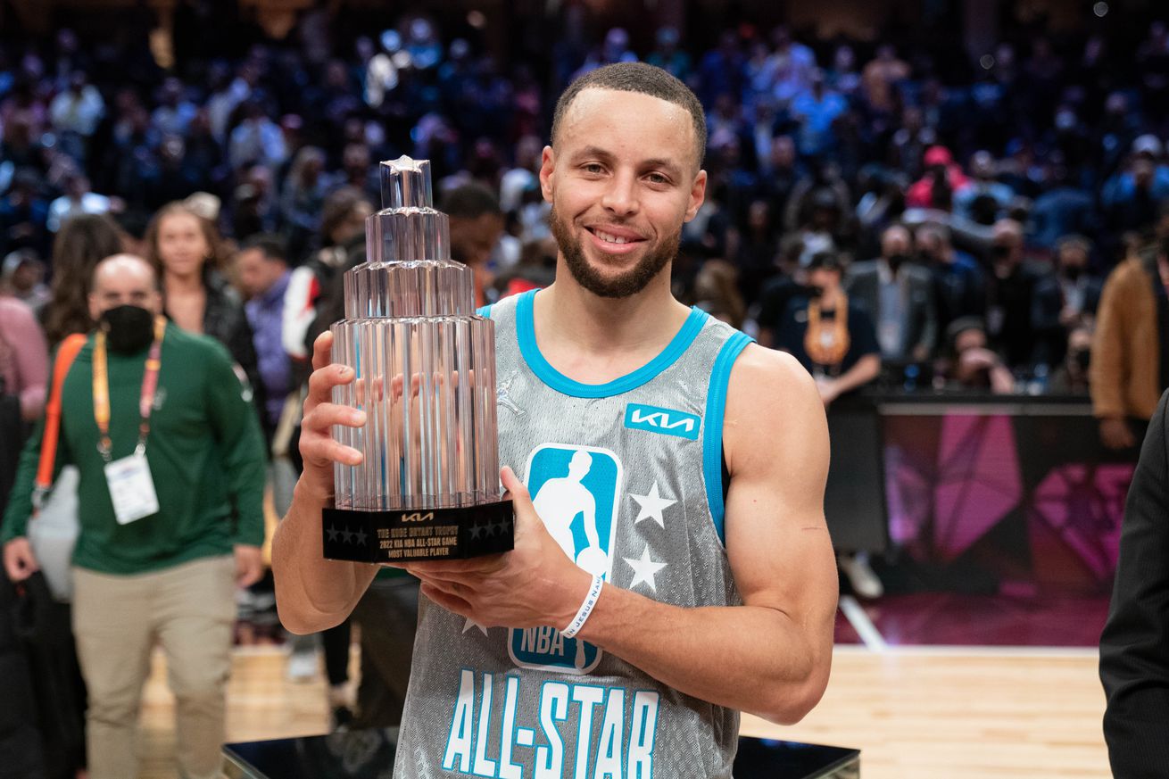 Steph Curry holding the 2022 All-Star MVP trophy