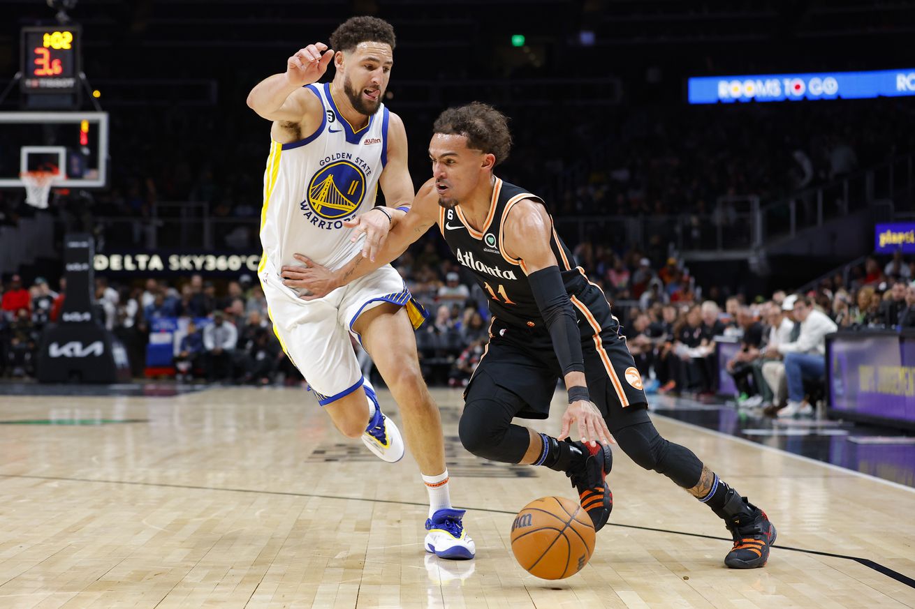 Klay Thompson and Trae Young Golden State Warriors v Atlanta Hawks