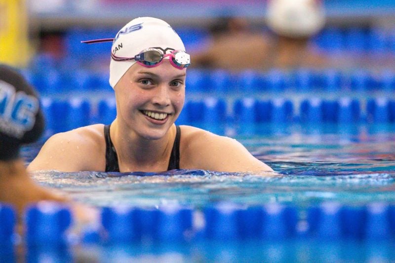 Freshman Claire Curzan rises with Stanford Cardinal on path to swimming's summit 2 Claire Curzan smiling in the pool after a race.