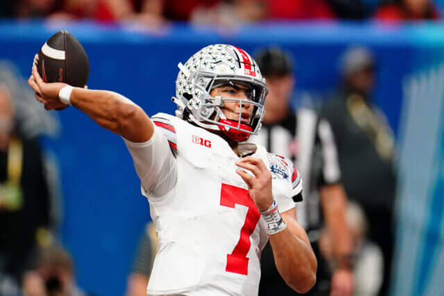 Dec 31, 2022; Atlanta, Georgia, USA; Ohio State Buckeyes quarterback C.J. Stroud (7) passes the ball against during the third quarter of the 2022 Peach Bowl at Mercedes-Benz Stadium. Mandatory Credit: John David Mercer-USA TODAY Sports CJ Stroud, NFL Draft, Raiders