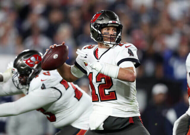 Jan 16, 2023; Tampa, Florida, USA; Tampa Bay Buccaneers quarterback Tom Brady (12) drops back to pass against the Dallas Cowboys in the second half during the wild card game at Raymond James Stadium. Mandatory Credit: Nathan Ray Seebeck-USA TODAY Sports Tom Brady, Tampa Bay Buccaneers