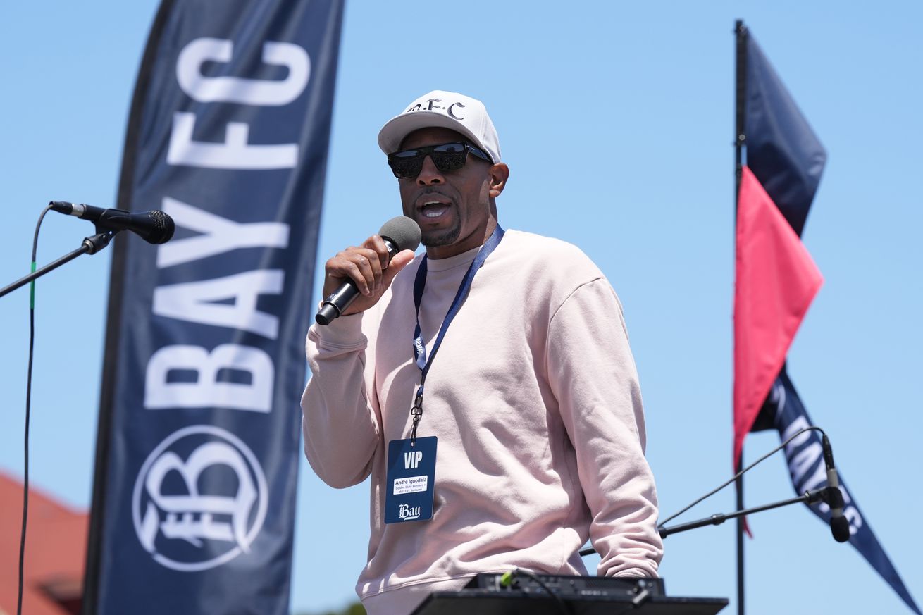 Andre Iguodala talking into a microphone at the Bay FC launch