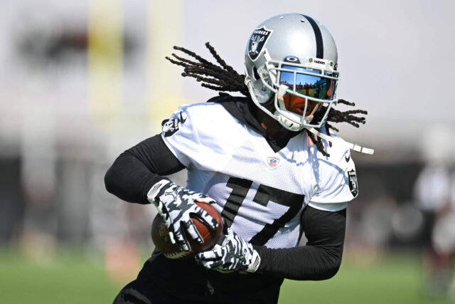 Jul 26, 2023; Las Vegas, Nevada, USA; Las Vegas Raiders wide receiver Davante Adams (17) runs a drill during training camp at the Intermountain Health Performance Center. Mandatory Credit: Candice Ward-USA TODAY Sports Davante Adams, Raiders