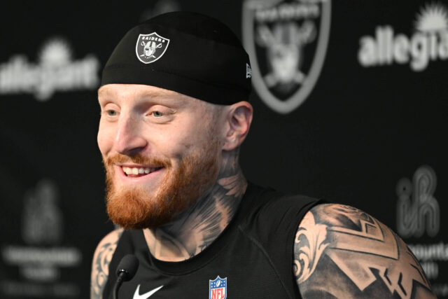 Jul 26, 2023; Las Vegas, Nevada, USA; Las Vegas Raiders defensive end Maxx Crosby (98) speaks during a press conference during training camp at the Intermountain Health Performance Center. Mandatory Credit: Candice Ward-USA TODAY Sports Maxx Crosby, Raiders