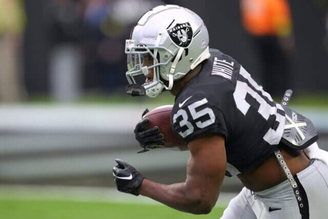 Oct 23, 2022; Paradise, Nevada, USA; Las Vegas Raiders running back Zamir White (35) warms up before a game against the Houston Texans at Allegiant Stadium. Mandatory Credit: Stephen R. Sylvanie-USA TODAY Sports Zamir White, Raiders