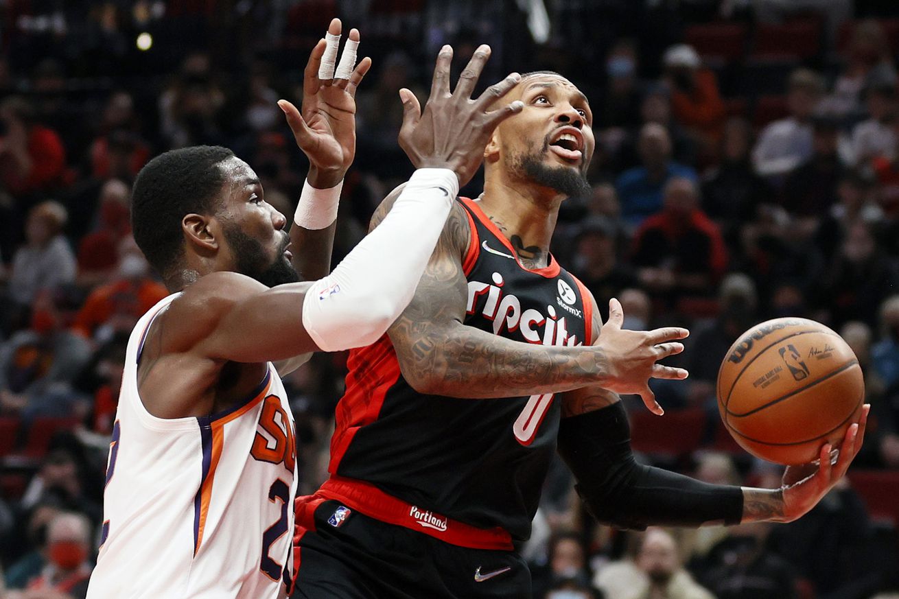 Damian Lillard Deandre Ayton Phoenix Suns v Portland Trail Blazers