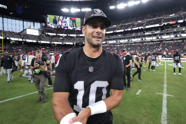 Aug 13, 2023; Paradise, Nevada, USA; Las Vegas Raiders quarterback Jimmy Garoppolo (10) walks off the field after the game against the San Francisco 49ers at Allegiant Stadium. Mandatory Credit: Kirby Lee-USA TODAY Sports Jimmy Garoppolo, Raiders