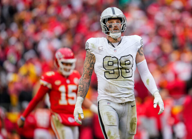 Dec 25, 2023; Kansas City, Missouri, USA; Las Vegas Raiders defensive end Maxx Crosby (98) reacts during the second half against the Kansas City Chiefs at GEHA Field at Arrowhead Stadium. Mandatory Credit: Jay Biggerstaff-USA TODAY Sports Maxx Crosby, Raiders
