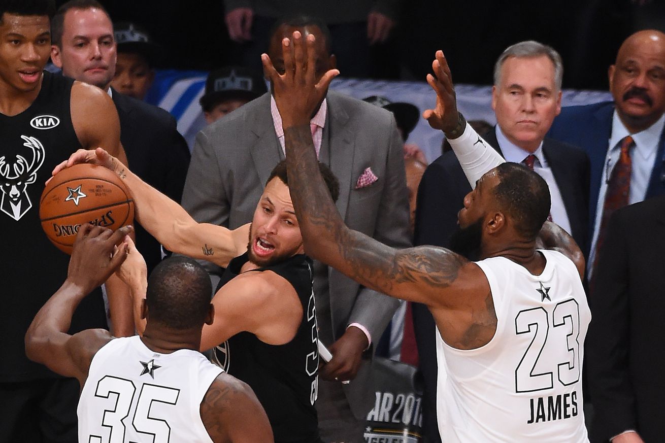 Steph Curry trapped by LeBron James and Kevin Durant in the All-Star Game.