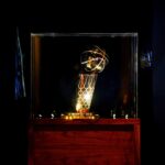 Oct 30, 2023; Denver, Colorado, USA; General view of the Denver Nuggets 2023 Larry O'Brien championship trophy before the game against the Utah Jazz at Ball Arena. Mandatory Credit: Ron Chenoy-USA TODAY Sports