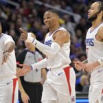 Apr 4, 2024; Los Angeles, California, USA; Los Angeles Clippers guard Russell Westbrook (0) celebrates with guard Norman Powell (24) and guard Amir Coffey (7) after a dunk in the second half against the Denver Nuggets at Crypto.com Arena. Mandatory Credit: Jayne Kamin-Oncea-USA TODAY Sports