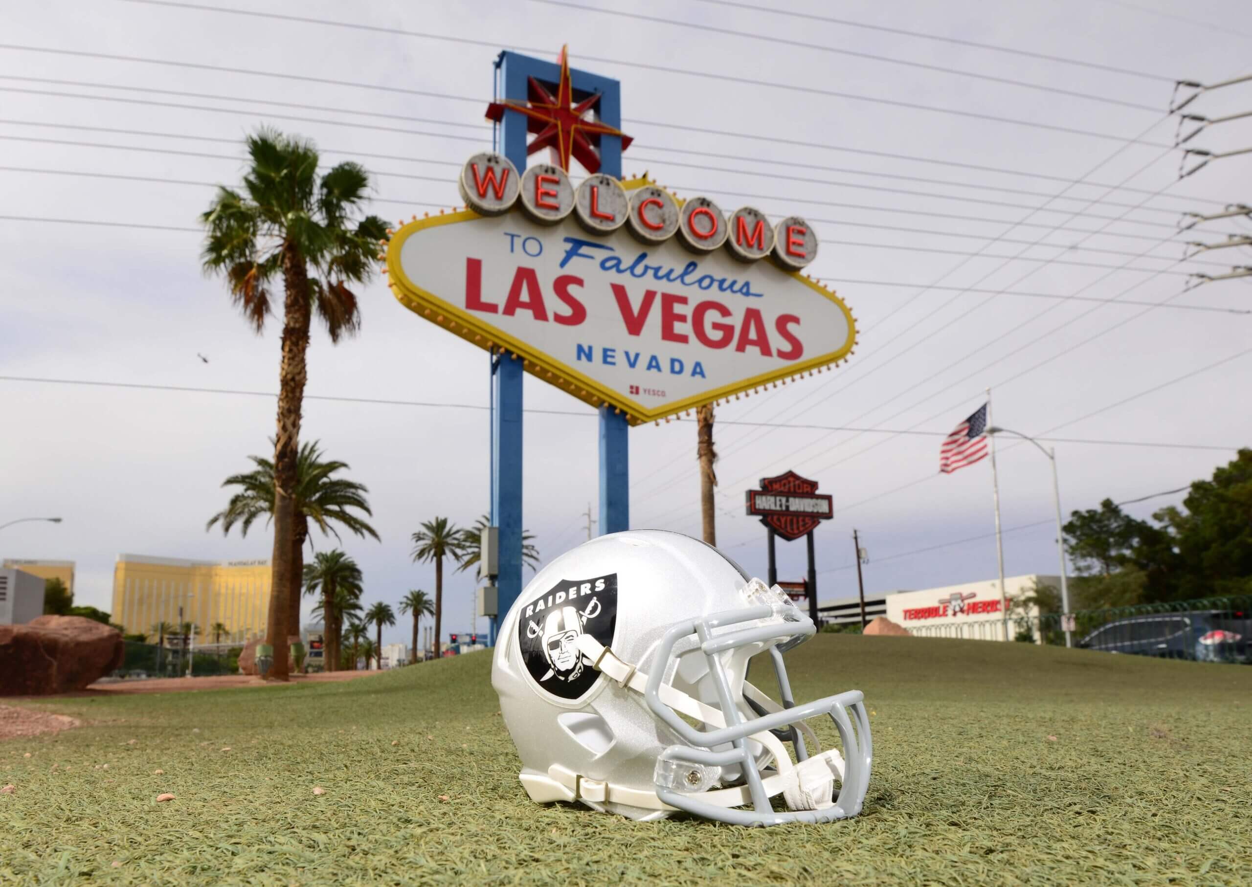 May 31, 2017; Las Vegas, NV, USA: General overall view of Oakland Raiders helmet at the Welcome to Fabulous Las Vegas sign on Las Vegas Blvd. on the Las Vegas strip. NFL owners voted 31-1 to allow Raiders owner Mark Davis to relocate the franchise from Oakland to Las Vegas. Mandatory Credit: Kirby Lee-USA TODAY Sports Las Vegas Raiders