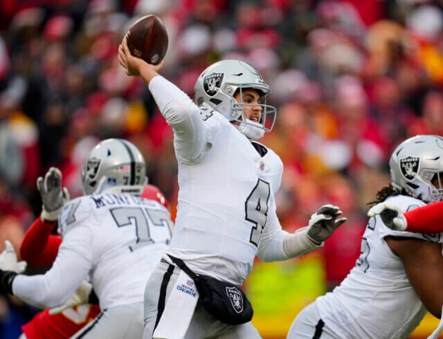 Dec 25, 2023; Kansas City, Missouri, USA; Las Vegas Raiders quarterback Aidan O'Connell (4) throws a pass against the Kansas City Chiefs during the first half at GEHA Field at Arrowhead Stadium. Mandatory Credit: Jay Biggerstaff-USA TODAY Sports Aidan O'Connell, Raiders