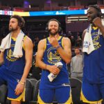 Golden State Warriors guard Klay Thompson (11), guard Stephen Curry (30) and forward Draymond Green (23)