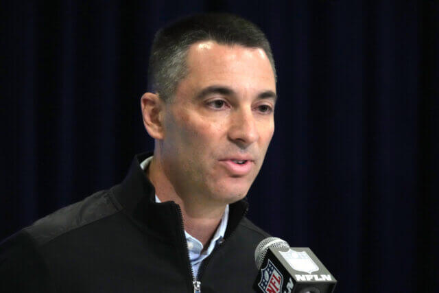 Feb 27, 2024; Indianapolis, IN, USA; Las Vegas Raiders general manager Tom Telesco during the NFL Scouting Combine at Indiana Convention Center. Mandatory Credit: Kirby Lee-USA TODAY Sports Tom Telesco, Raiders