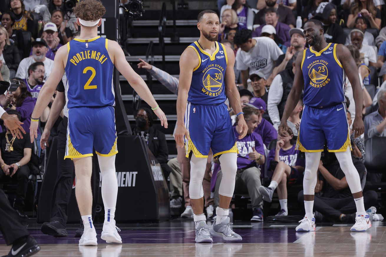Steph Curry, Draymond Green, Brandin Podziemski 2024 SoFi Play-In Tournament - Golden State Warriors v Sacramento Kings