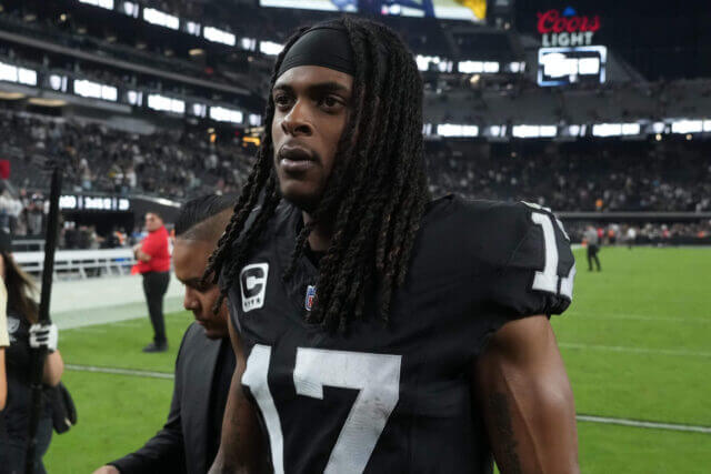 Oct 9, 2023; Paradise, Nevada, USA; Las Vegas Raiders wide receiver Davante Adams (17) walks off the field after the game against the Green Bay Packers at Allegiant Stadium. Mandatory Credit: Kirby Lee-USA TODAY Sports Davante Adams, Raiders