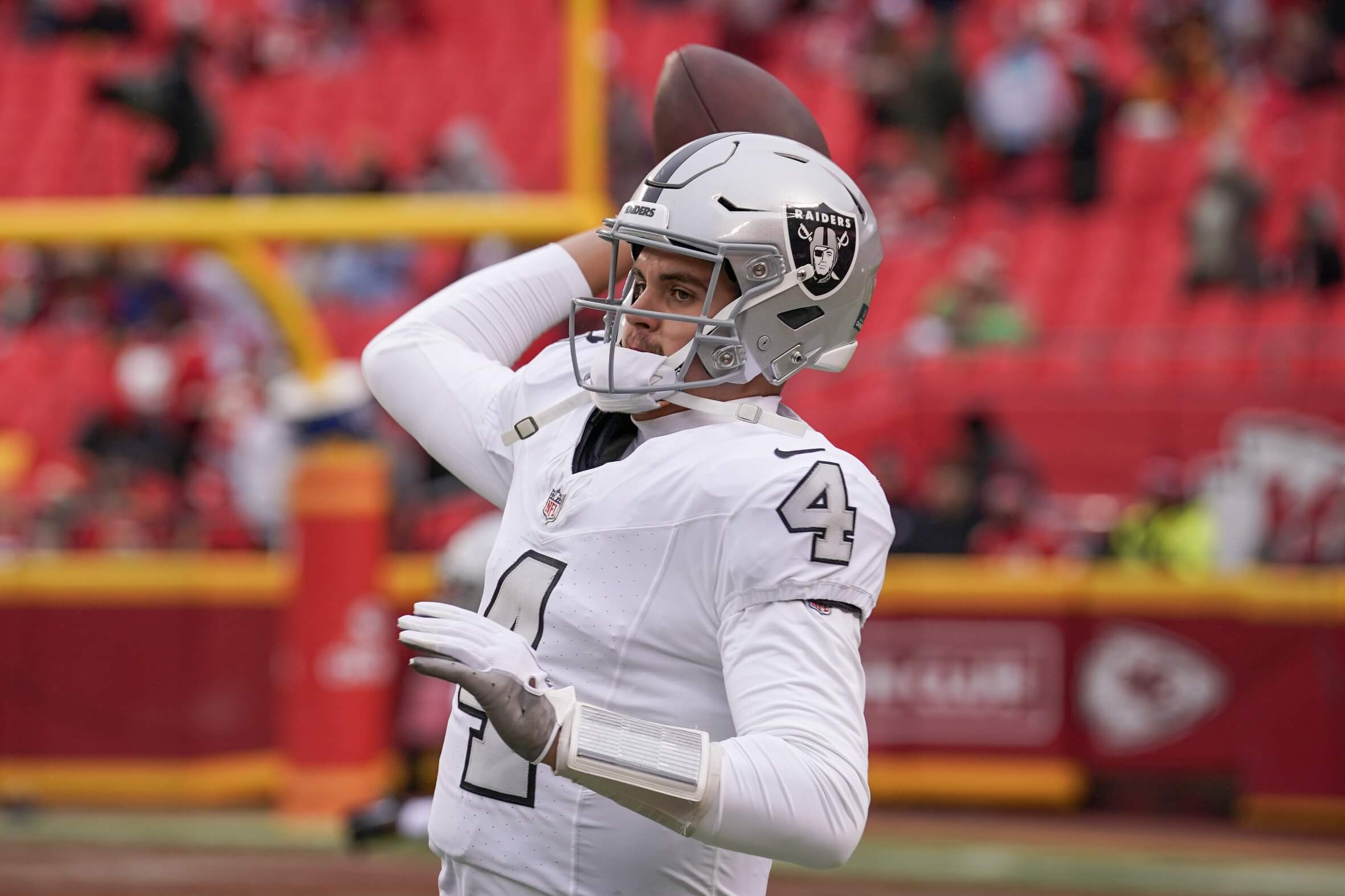 Dec 25, 2023; Kansas City, Missouri, USA; Las Vegas Raiders quarterback Aidan O'Connell (4) warms up against the Kansas City Chiefs prior to a game at GEHA Field at Arrowhead Stadium. Mandatory Credit: Denny Medley-USA TODAY Sports Aidan O'Connell, Raiders