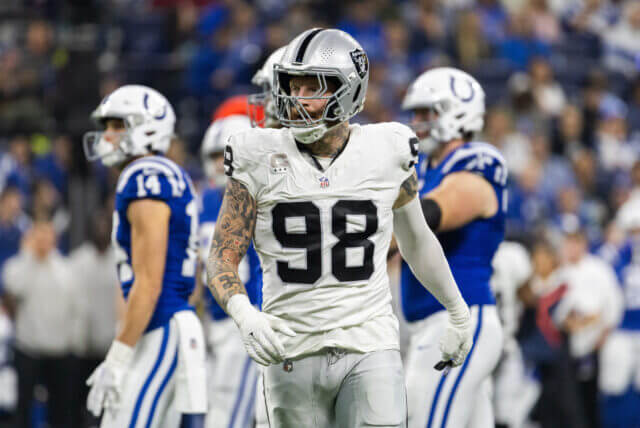 Dec 31, 2023; Indianapolis, Indiana, USA; Las Vegas Raiders defensive end Maxx Crosby (98) in the first half against the Indianapolis Colts at Lucas Oil Stadium. Mandatory Credit: Trevor Ruszkowski-USA TODAY Sports Maxx Crosby, Raiders