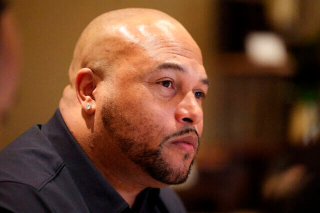 Mar 25, 2024; Orlando, FL, USA; Las Vegas Raiders head coach Antonio Pierce talks to media during the NFL annual league meetings at the JW Marriott. Mandatory Credit: Nathan Ray Seebeck-USA TODAY Sports Antonio Pierce, Raiders