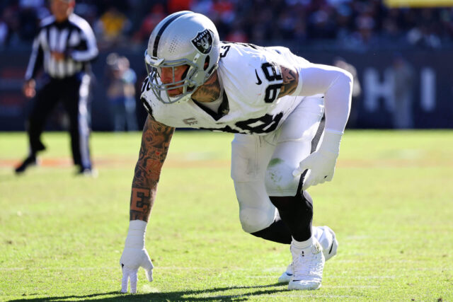 Oct 22, 2023; Chicago, Illinois, USA; Las Vegas Raiders defensive end Maxx Crosby (98) in the second half against the Chicago Bears at Soldier Field. Mandatory Credit: Mike Dinovo-USA TODAY Sports Maxx Crosby, Raiders
