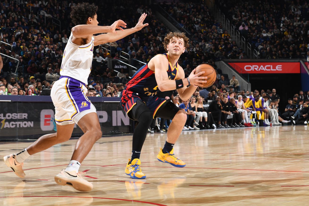Brandin Podziemski gathering for a shot against a Lakers defender.