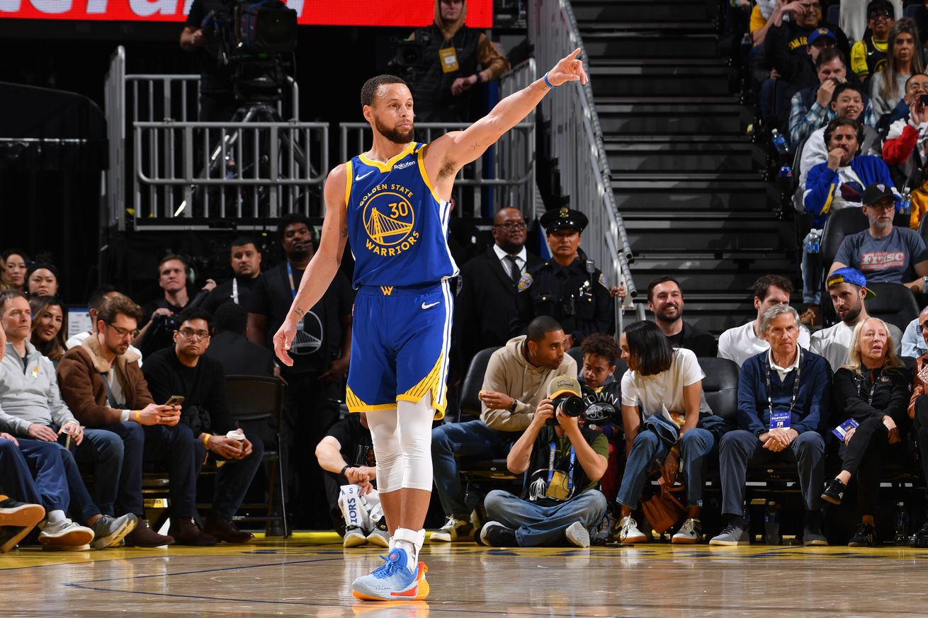 Steph Curry pointing into the stands.