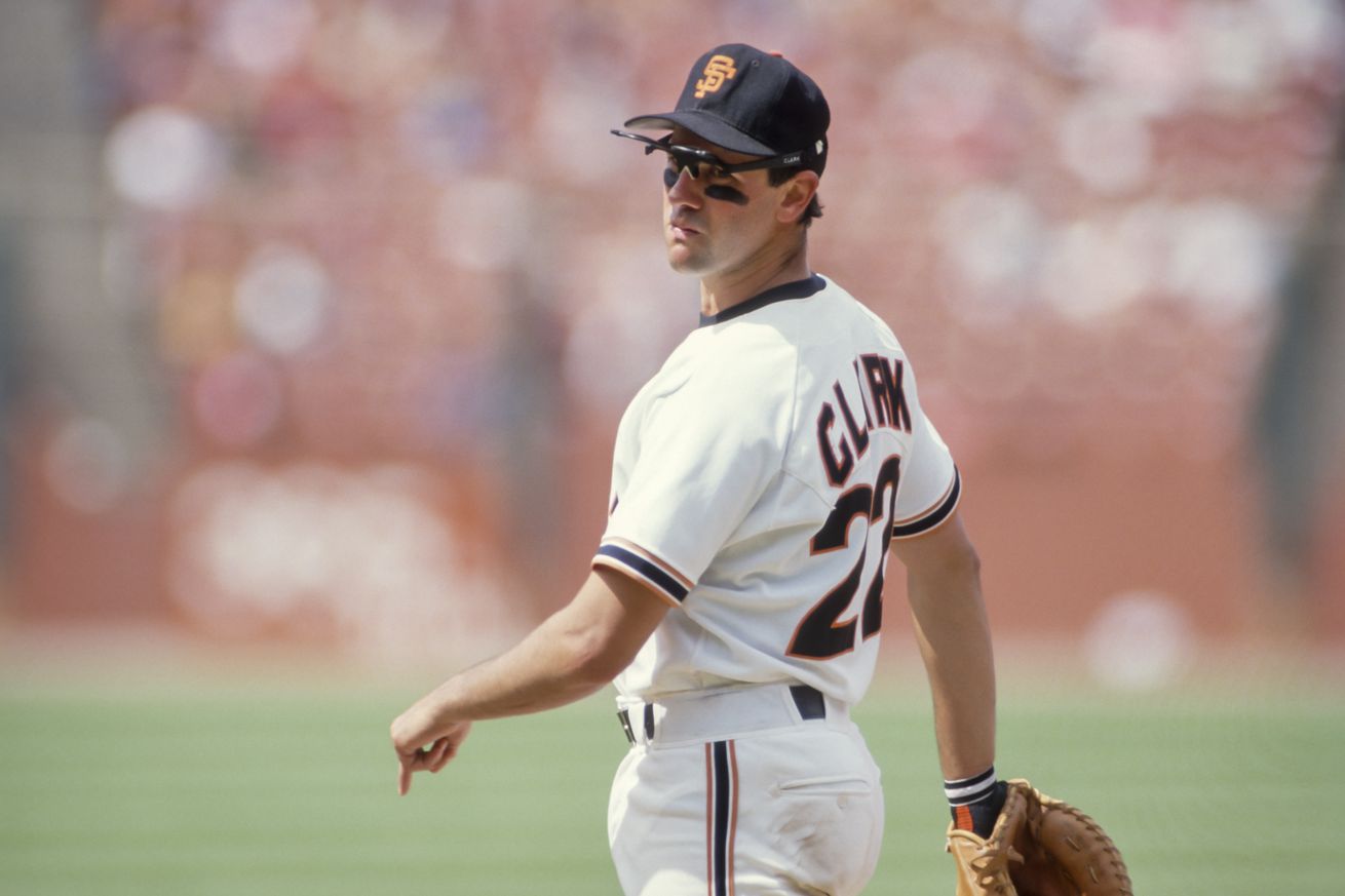 Will Clark looking over his left shoulder.