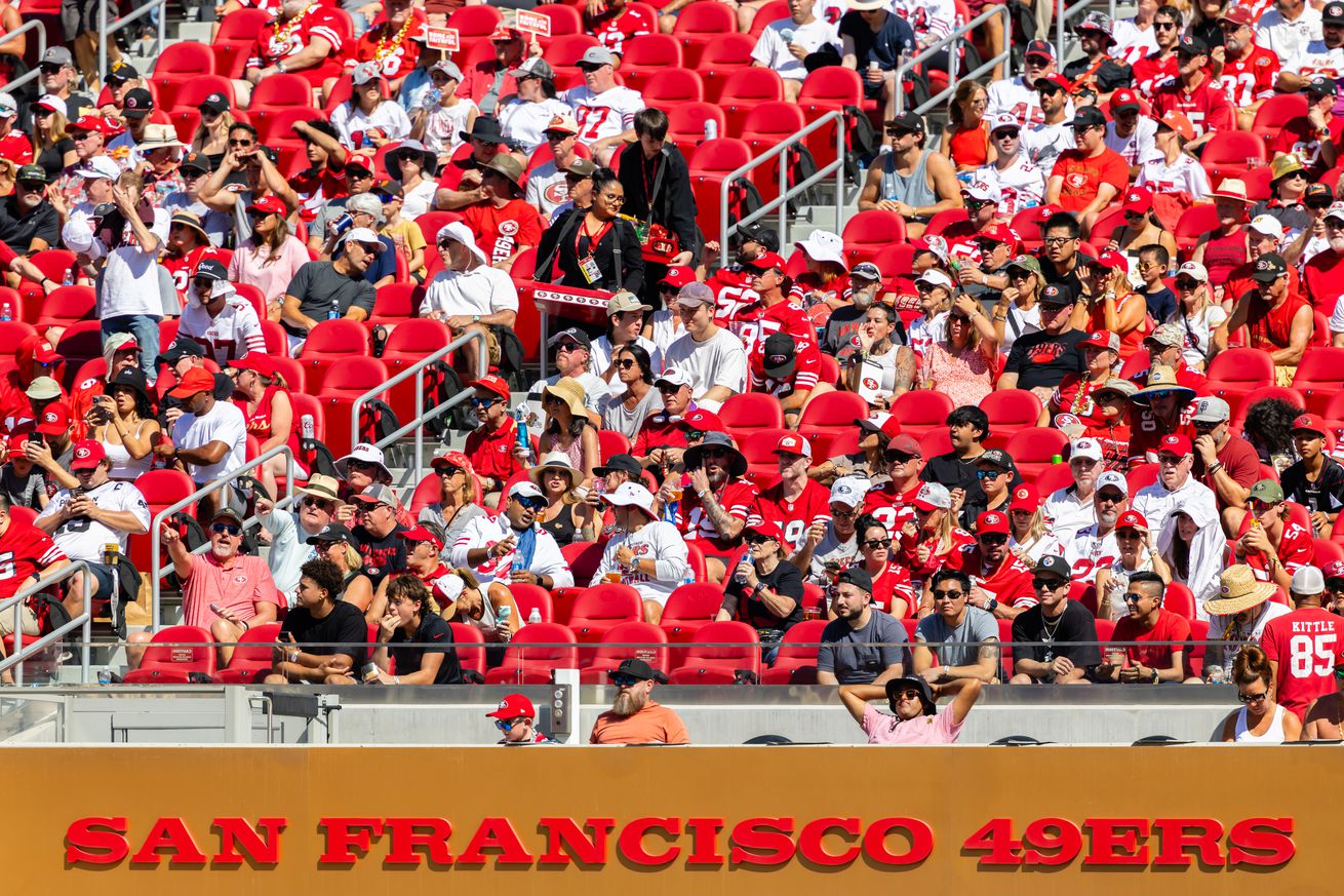 San Francisco 49ers fans watch on during the NFL game between the Arizona Cardinals and the San Francisco 49ers on October 6, 2024 at Levi’s Stadium in Santa Clara, CA.
