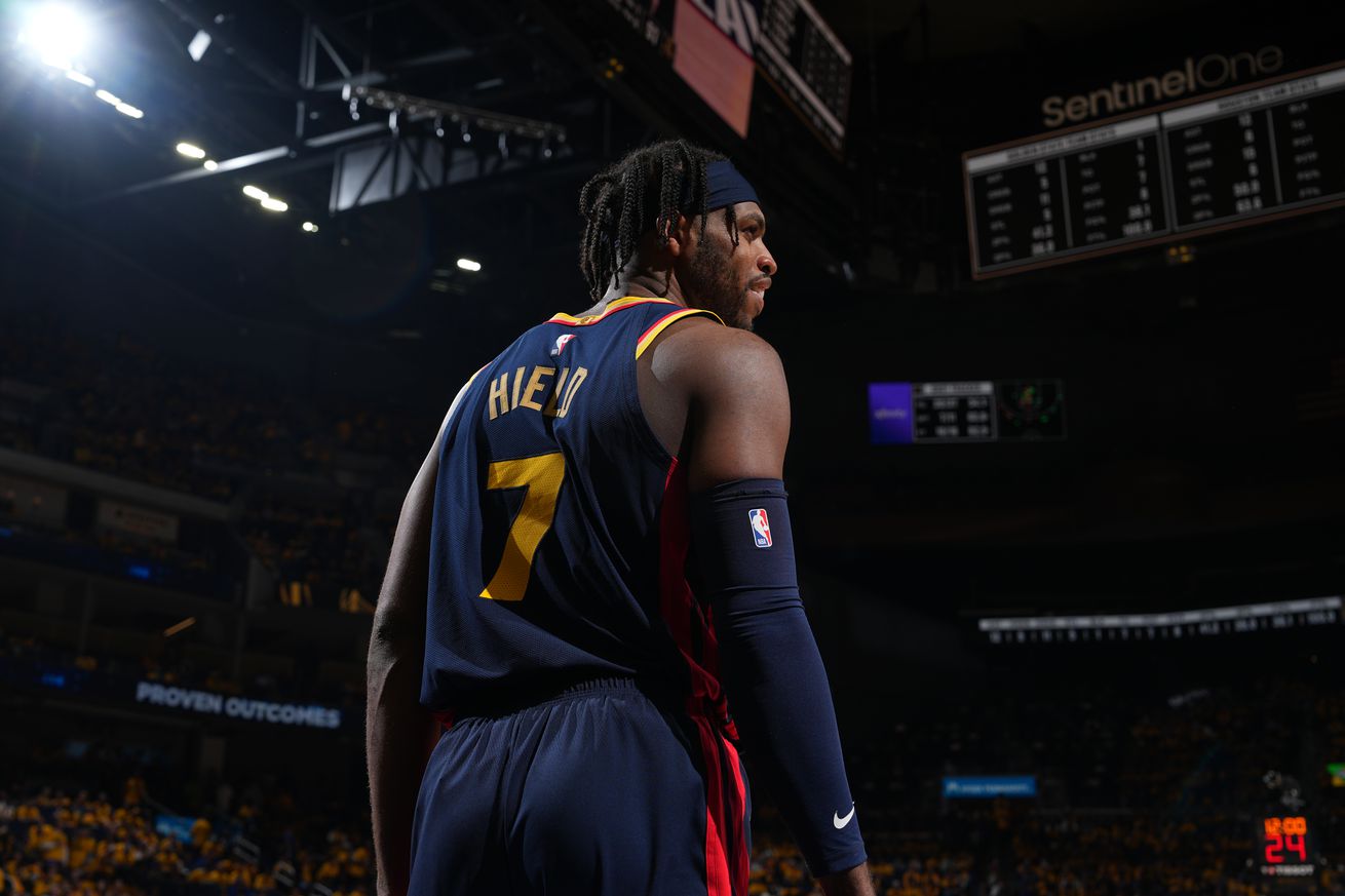 Buddy Hield #7 of the Golden State Warriors looks on during the game against the Houston Rockets during Round 1 Game 4 of the 2025 NBA Playoffs on February 1, 2025 at Chase Center in San Francisco, California.