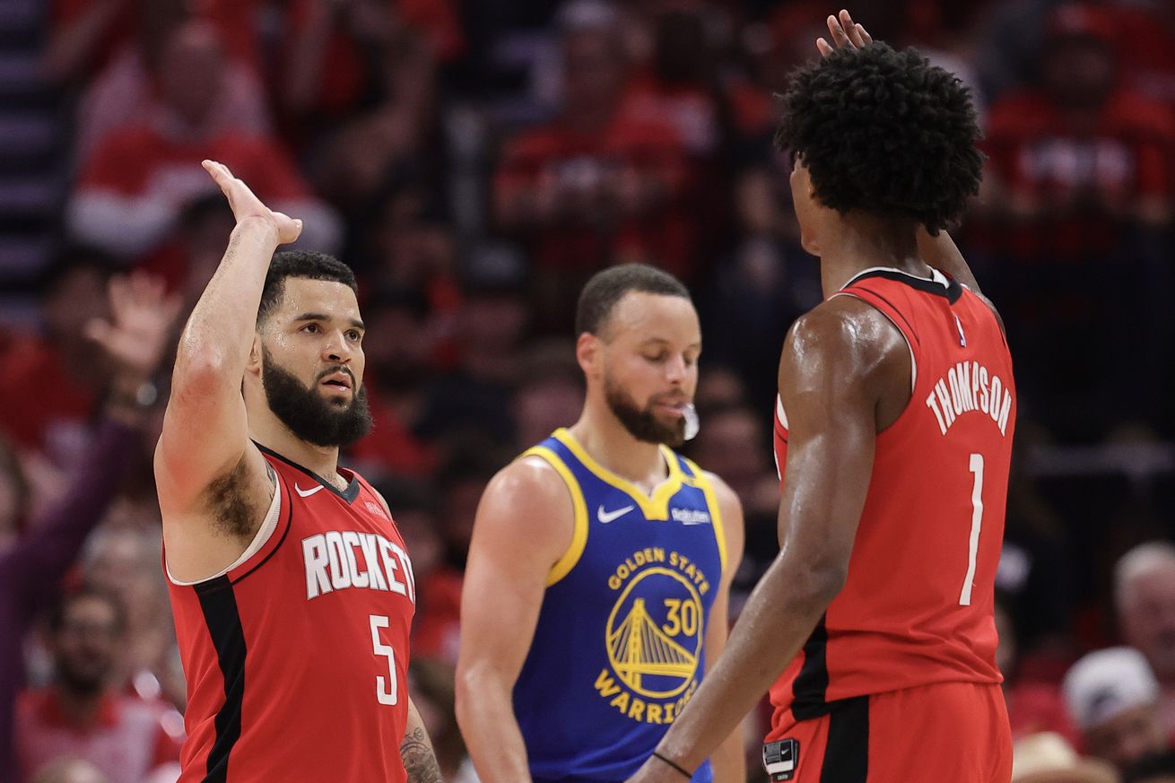 Fred Van Vleet, Steph Curry, Amen Thompson Golden State Warriors v Houston Rockets - Game Five