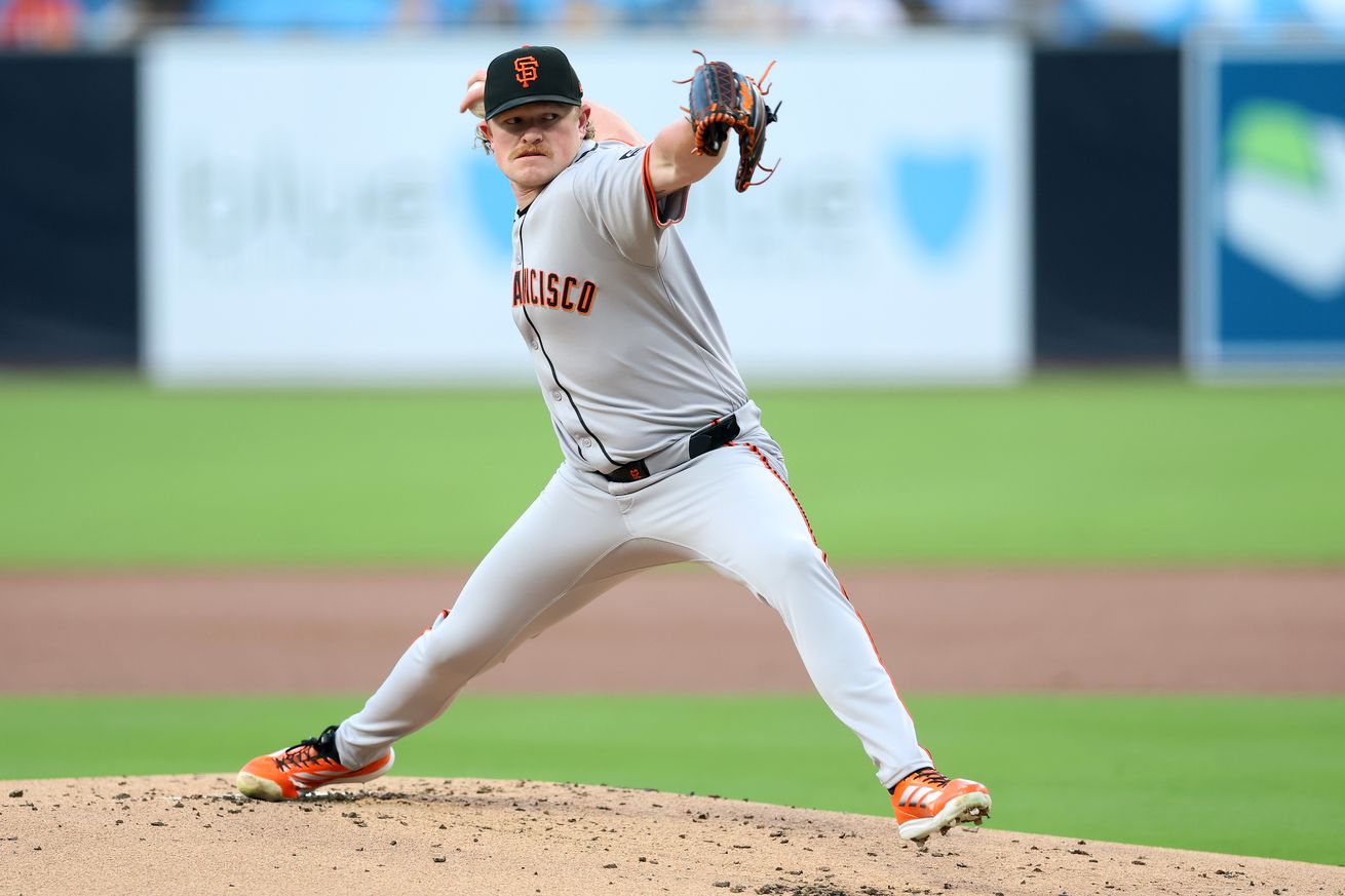 Logan Webb reaching back to throw a pitch.