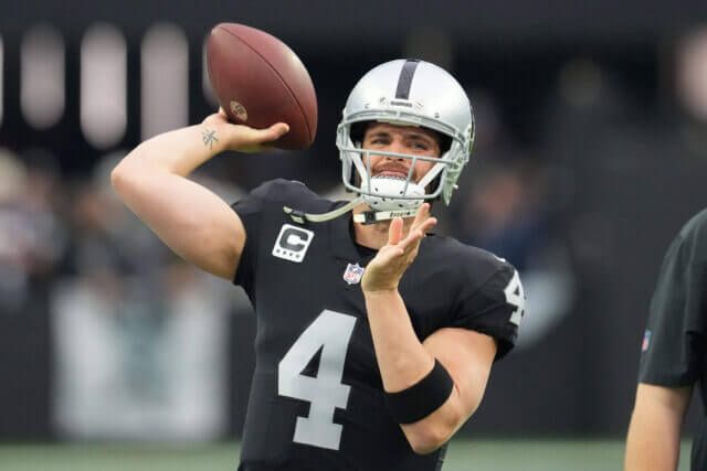 Dec 18, 2022; Paradise, Nevada, USA; Las Vegas Raiders quarterback Derek Carr (4) warms up before a game against the New England Patriots at Allegiant Stadium. Mandatory Credit: Stephen R. Sylvanie-USA TODAY Sports Derek Carr, Raiders
