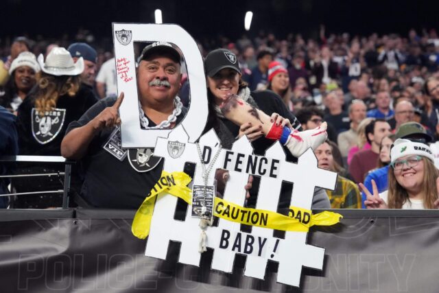 Dec 18, 2022; Paradise, Nevada, USA; A Las Vegas Raiders fan Andy Coronado poses during the game against the New England Patriots at Allegiant Stadium. The Raiders defeated the Patriots 30-24. Mandatory Credit: Kirby Lee-USA TODAY Sports Raiders