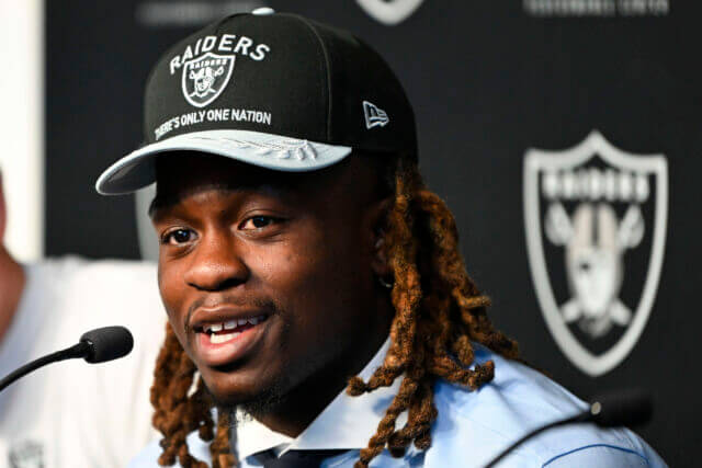 Apr 25, 2025; Henderson, NV, USA; Las Vegas Raiders first round draft pick in the 2025 NFL Draft Ashton Jeanty, speaks to the media at Intermountain Health Performance Center. Mandatory Credit: Candice Ward-Imagn Images Ashton Jeanty, Raiders, NFL Draft