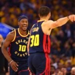 Golden State Warriors forward Jimmy Butler III (10) celebrates towards guard Stephen Curry