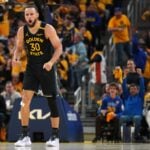 Golden State Warriors guard Stephen Curry (30) reacts after making a three-point basket against the Houston Rockets in the third quarter of game six of the first round for the 2025 NBA Playoffs at Chase Center.