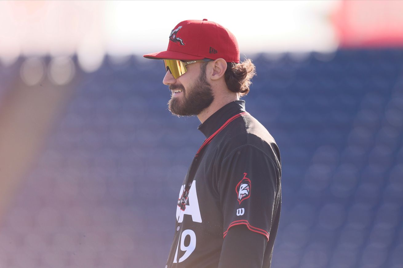 Close up of Bryce Eldridge in the infield.