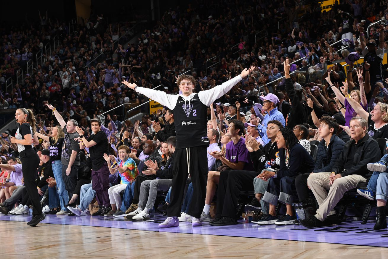 Brandin Podziemski #2 of the Golden State Warriors celebrates during the game between the Seattle Storm and the Golden State Valkyries on June 29, 2025 at Chase Center in San Francisco, California.