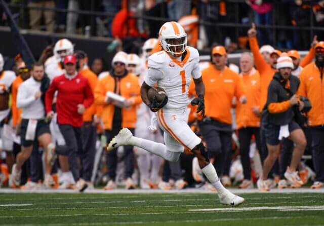 Tennessee wide receiver Dont'e Thornton Jr. (1) runs in a touchdown during the second quarter at FirstBank Stadium in Nashville, Tenn., Saturday, Nov. 30, 2024. Dont'e Thornton Jr, Raiders