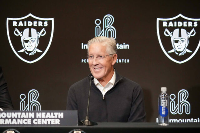 Jan 27, 2025; Las Vegas, NV, USA; Las Vegas Raiders coach Pete Carroll at press conference at Intermountain Health Performance Center. Mandatory Credit: Kirby Lee-Imagn Images Pete Carroll, Raiders
