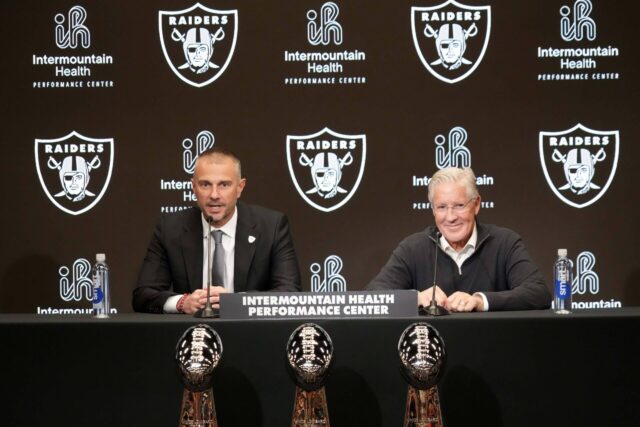 Jan 27, 2025; Las Vegas, NV, USA; Las Vegas Raiders general manager John Spytek (left) and coach Pete Carroll at press conference at Intermountain Health Performance Center. Mandatory Credit: Kirby Lee-Imagn Images Pete Carroll, John Spytek, Raiders