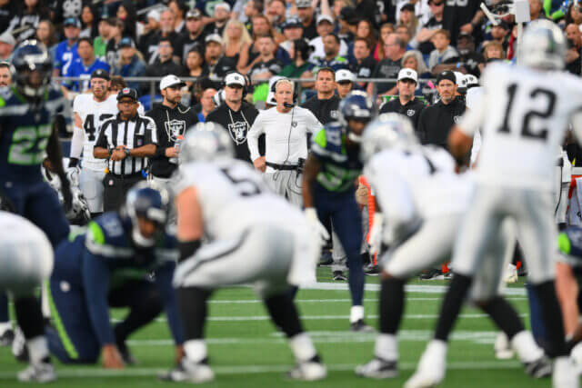 Aug 7, 2025; Seattle, Washington, USA; Las Vegas Raiders head coach Pete Carroll during the first half against the Seattle Seahawks at Lumen Field. Mandatory Credit: Steven Bisig-Imagn Images Pete Carroll, Raiders