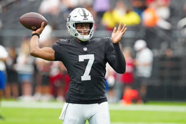 Aug 16, 2025; Paradise, Nevada, USA; Las Vegas Raiders quarterback Geno Smith (7) warms up before a preseason game against the San Francisco 49ers at Allegiant Stadium. Mandatory Credit: Stephen R. Sylvanie-Imagn Images Geno Smith, Raiders