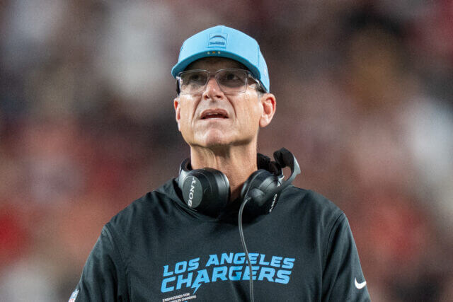 August 23, 2025; Santa Clara, California, USA; Los Angeles Chargers head coach Jim Harbaugh (hc) during the third quarter against the San Francisco 49ers at Levi's Stadium. Mandatory Credit: Kyle Terada-Imagn Images Jim Harbaugh, Chargers