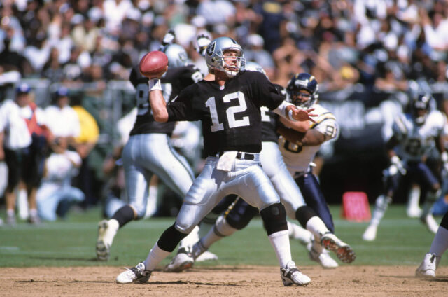 Sep 3, 2000; Oakland, CA, USA; FILE PHOTO; Oakland Raiders quarterback Rich Gannon (12) in action against the San Diego Chargers at Oakland-Alameda County Coliseum. Mandatory Credit: Peter Brouillet-USA TODAY NETWORK Rich Gannon, Raiders