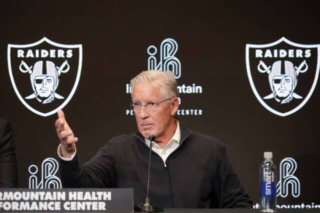 Jan 27, 2025; Las Vegas, NV, USA; Las Vegas Raiders coach Pete Carroll at press conference at Intermountain Health Performance Center. Mandatory Credit: Kirby Lee-Imagn Images Pete Carroll, Raiders