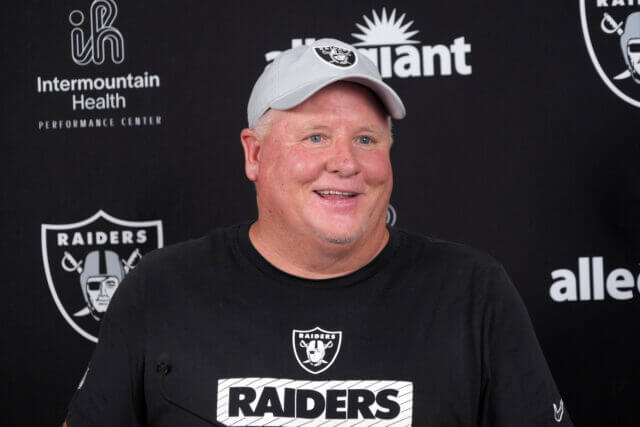 Jul 24, 2025; Henderson, NV, USA; Las Vegas Raiders offensive coordinator Chip Kelly during training camp press conference at the Intermountain Healthcare Performance Center. Mandatory Credit: Kirby Lee-Imagn Images Chip Kelly, Raiders